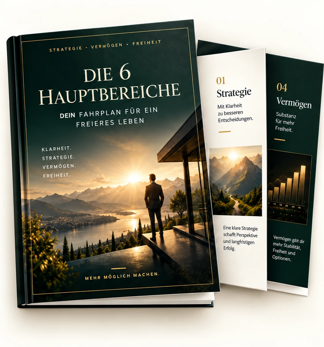 Die 6 Hauptbereiche – dein Fahrplan für ein freieres Leben. Broschüren-Illustration auf Deutsch.
